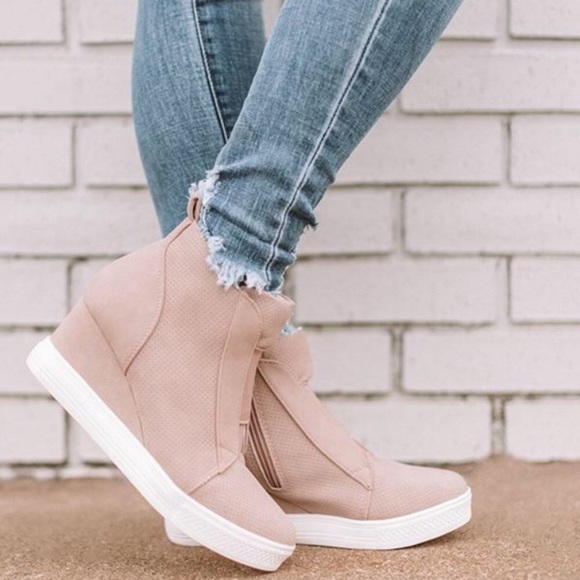 Tegan | Faux Suede Pinhole Wedge Sneakers | Blush - Picture 2 of 5